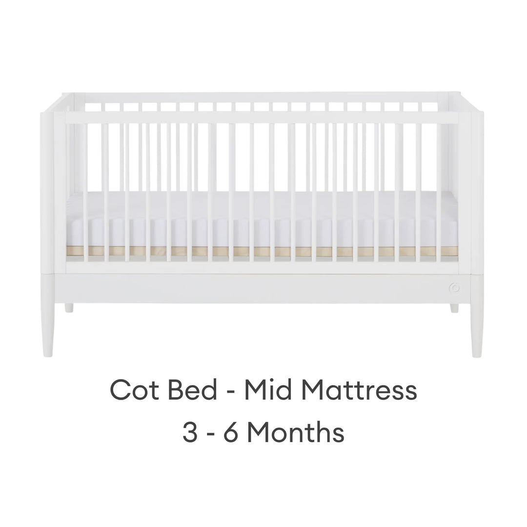 Gaia Baby Eos convertible cot bed in white with mid mattress position for 3–6 months on a white background