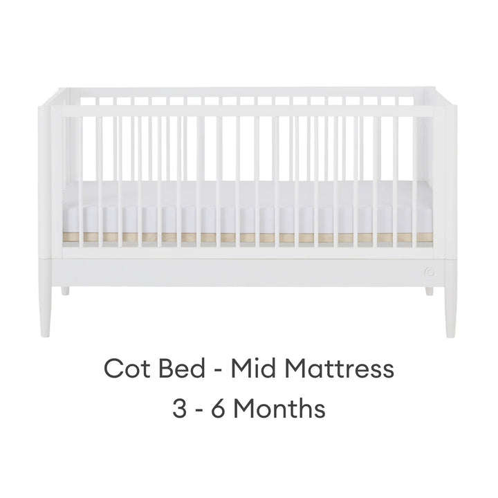 Gaia Baby Eos convertible cot bed in white with mid mattress position for 3–6 months on a white background