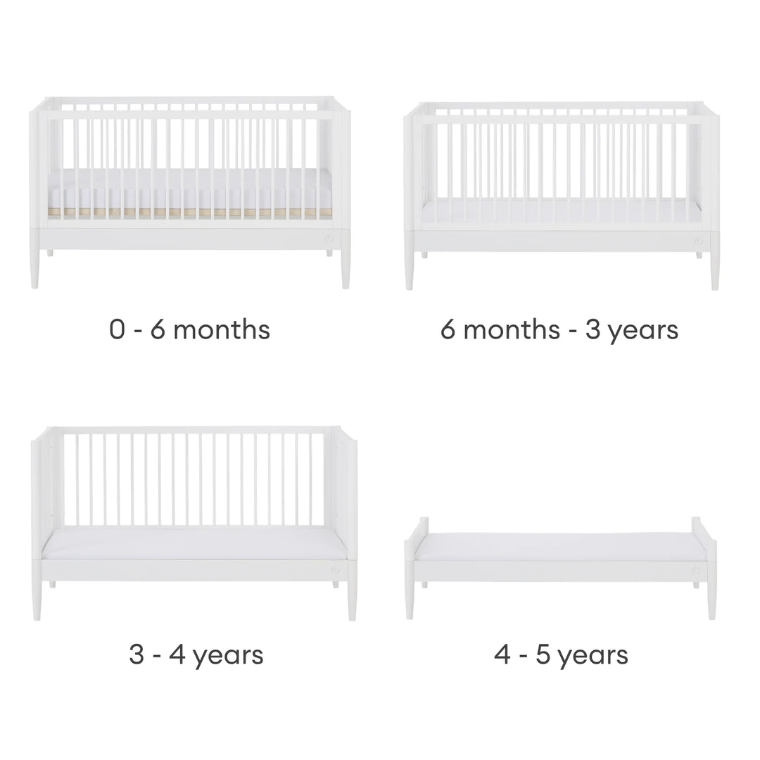 Gaia Baby Eos convertible cot bed in white showing stages from newborn cot to toddler and first bed (0 months–5 years)