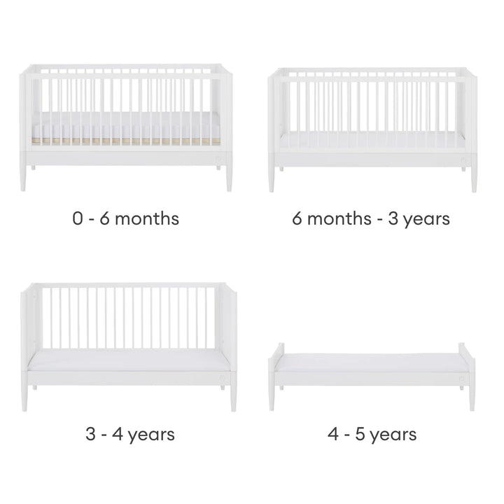 Gaia Baby Eos convertible cot bed in white showing stages from newborn cot to toddler and first bed (0 months–5 years)
