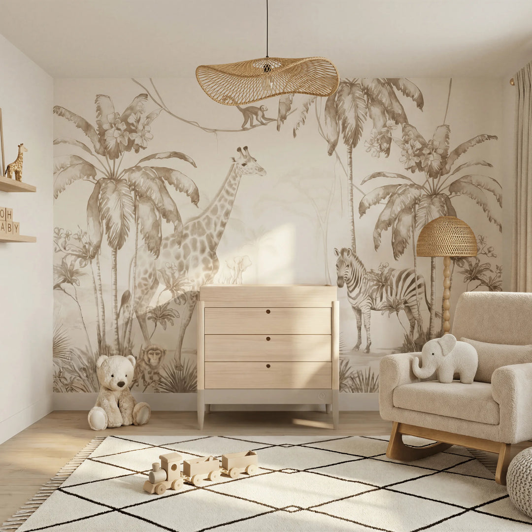 Gaia Baby Eos dresser in natural wood and cashmere in a safari themed nursery with animal wallpaper and soft neutral decor