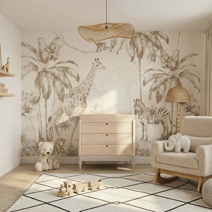 Gaia Baby Eos dresser in natural wood and cashmere in a safari themed nursery with animal wallpaper and soft neutral decor