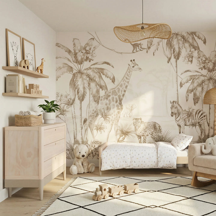 Gaia Baby Eos dresser in natural wood and cashmere in a safari themed nursery with toddler bed and animal wallpaper