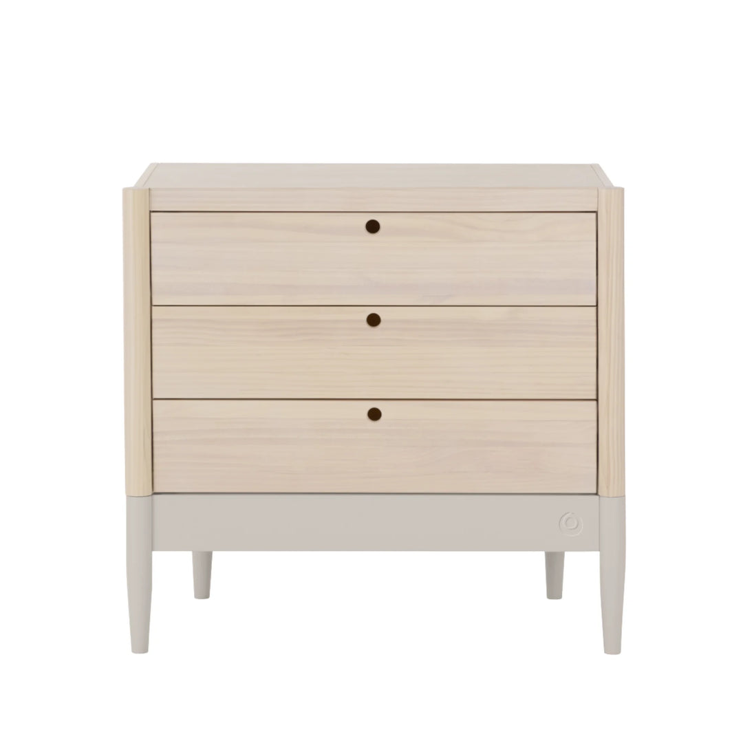 Gaia Baby Eos dresser in natural wood and cashmere without changing top with three drawers for nursery storage
