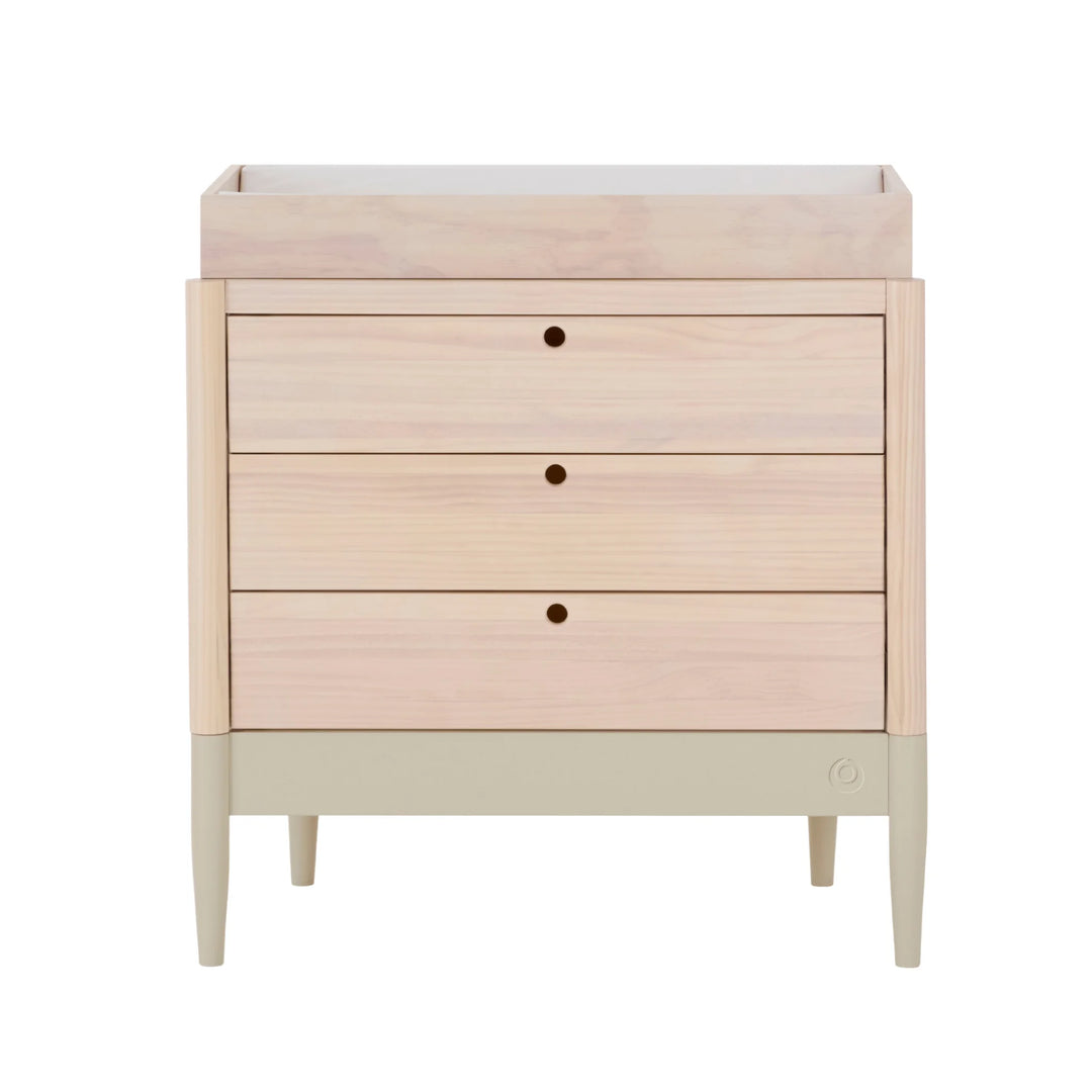 Gaia Baby Eos dresser in natural wood and desert sage with changing top, front view