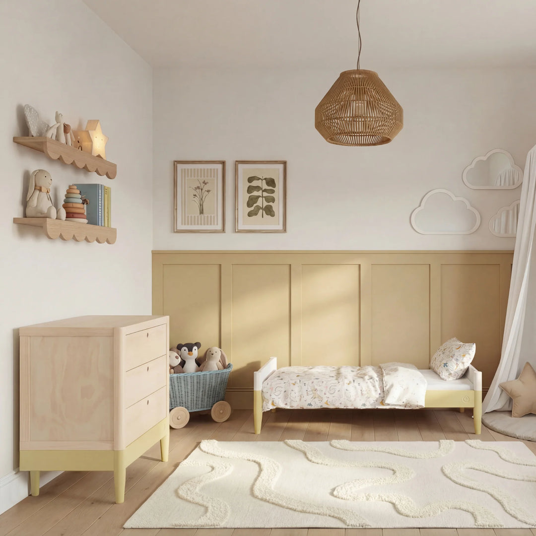 Gaia Baby Eos dresser in natural wood and primrose yellow in a children&