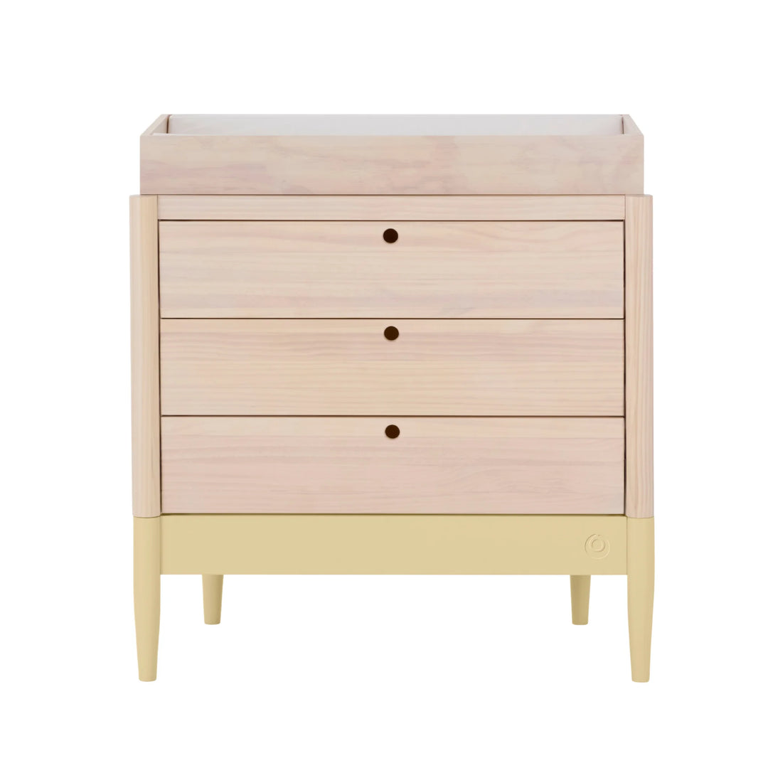 Gaia Baby Eos dresser with changer in natural wood and primrose yellow front view on white background