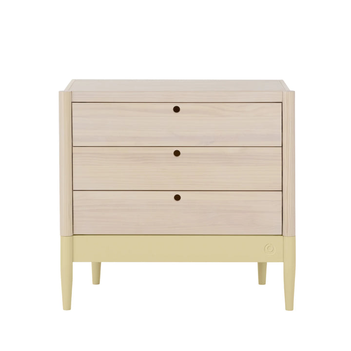 Gaia Baby Eos dresser in natural wood and primrose yellow front view on white background