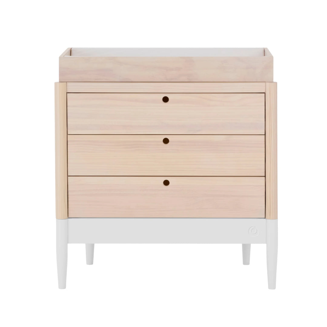 Gaia Baby Eos dresser in natural wood and white with changing unit and three drawer nursery storage
