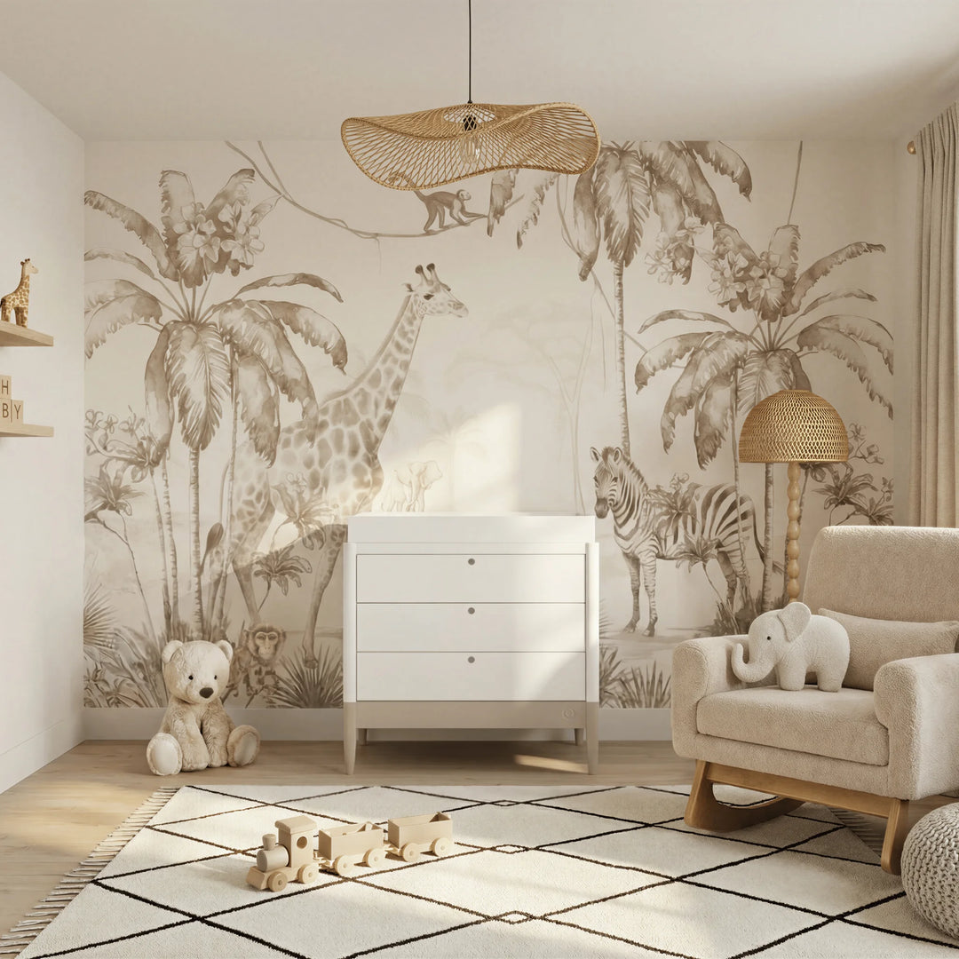 Gaia Baby Eos dresser with changer in white and cashmere in a nursery with animal wallpaper and armchair