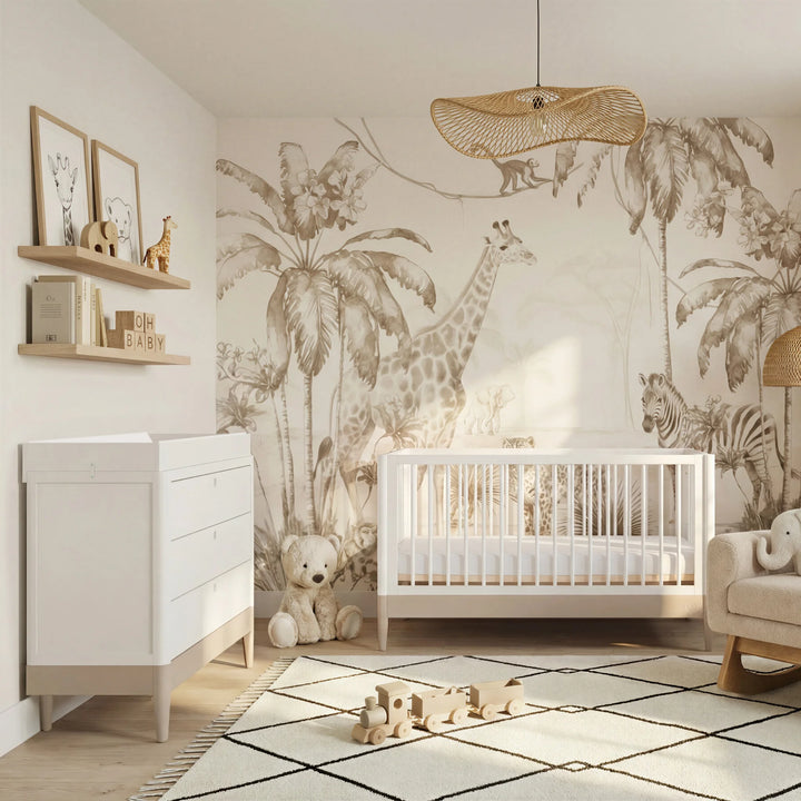 Gaia Baby Eos dresser with changer in white and cashmere in a nursery with cot and animal wallpaper