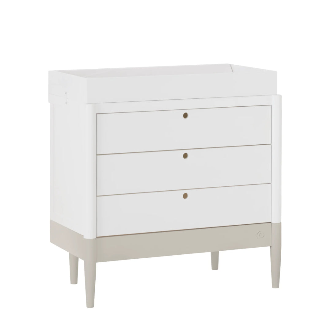 Gaia Baby Eos dresser with changer in white and cashmere base angled view on white background