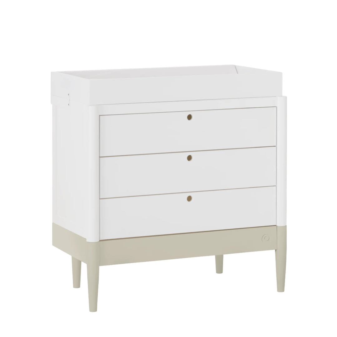 Gaia Baby Eos dresser with changer in white and desert sage base angled view on white background