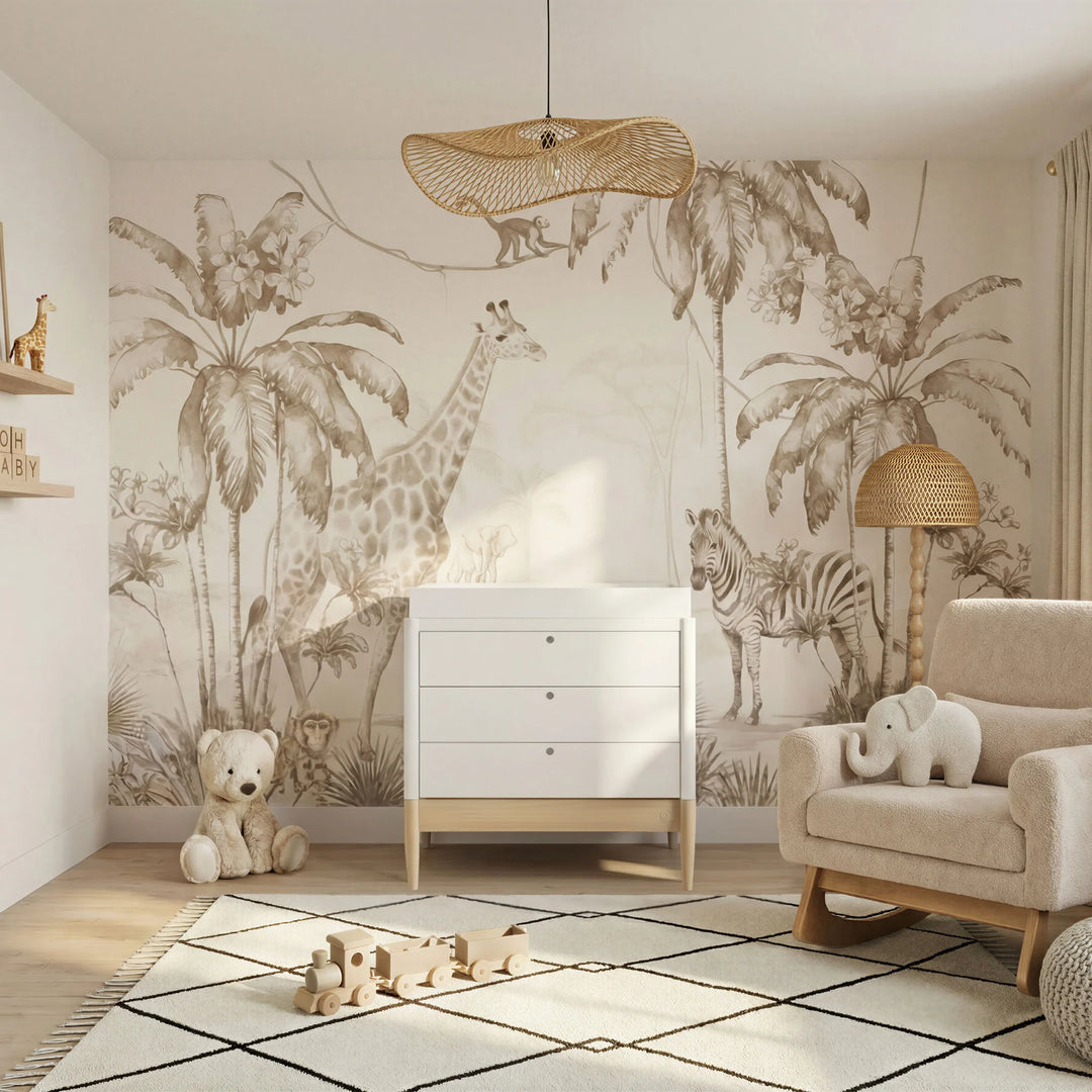 Gaia Baby Eos white dresser with natural wood base in safari nursery with giraffe wallpaper, armchair and soft toys