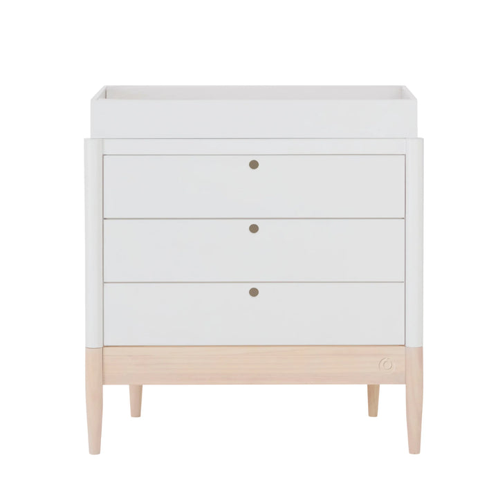 Gaia Baby Eos dresser in white and natural wood with changing top on a white background