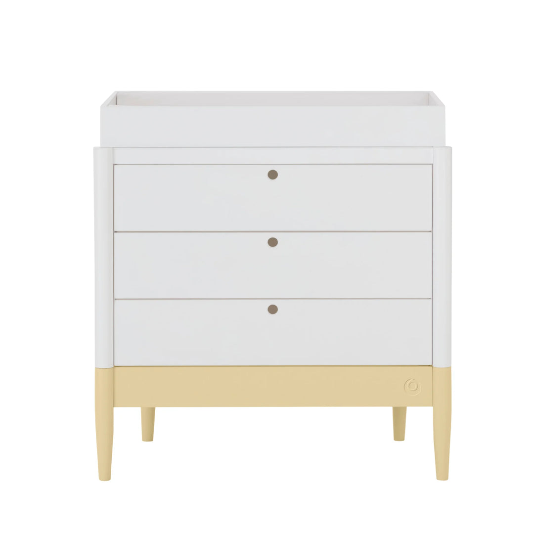 Gaia Baby Eos white dresser with changing top, three drawers and yellow base, modern nursery changing unit