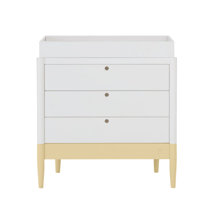 Gaia Baby Eos white dresser with changing top, three drawers and yellow base, modern nursery changing unit