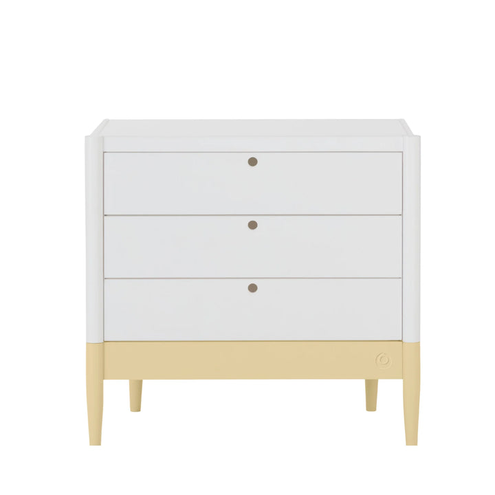 Gaia Baby Eos white dresser with three drawers and yellow base, modern nursery storage unit