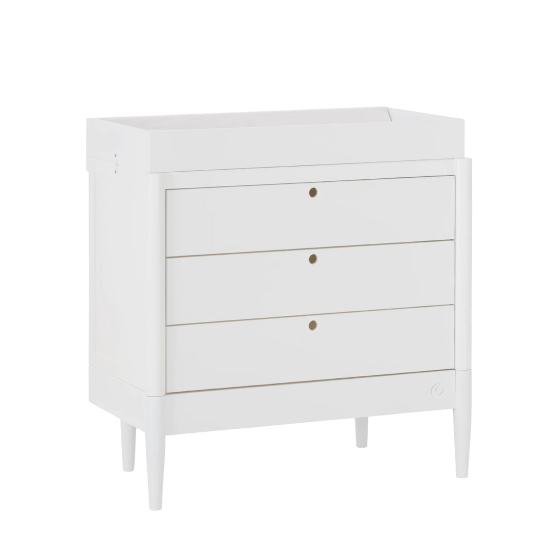 Gaia Baby Eos white dresser with three drawers, modern nursery chest of drawers in all white