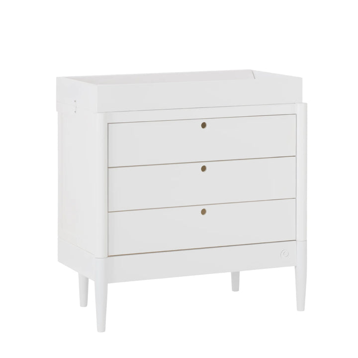 Gaia Baby Eos white dresser with three drawers, modern nursery chest of drawers in all white