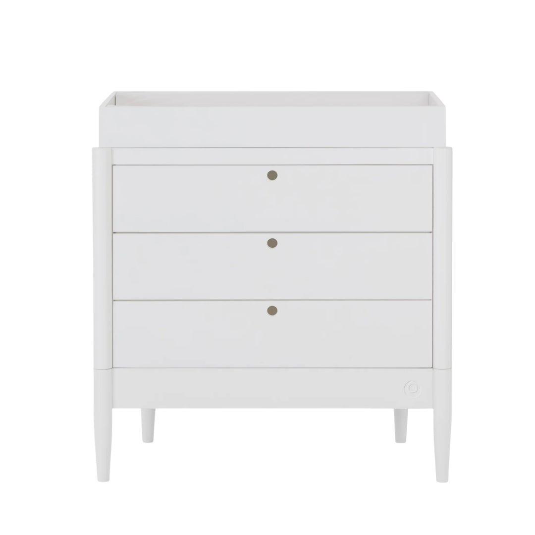 Gaia Baby Eos white dresser with changing top, three drawers, modern all white nursery changing unit