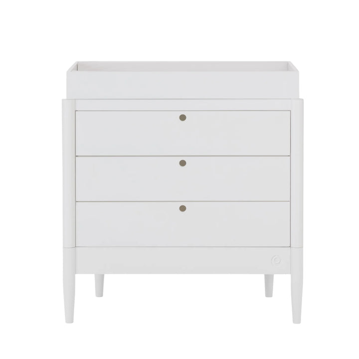 Gaia Baby Eos white dresser with changing top, three drawers, modern all white nursery changing unit