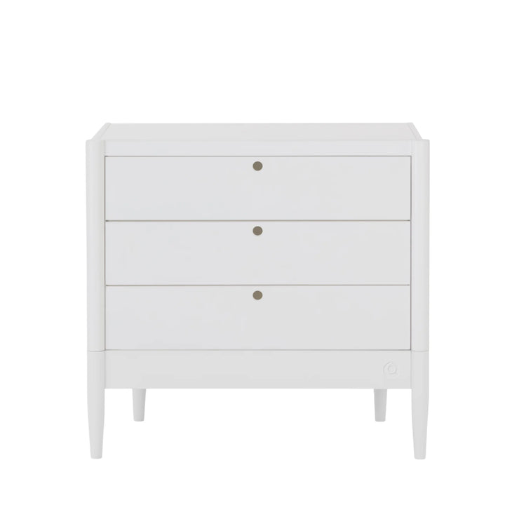 Gaia Baby Eos white dresser with three drawers, modern all white nursery storage unit