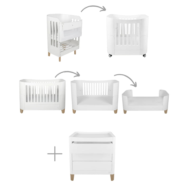 Gaia Baby Serena All-in-One cot bed in white with natural legs showing conversion stages with matching dresser