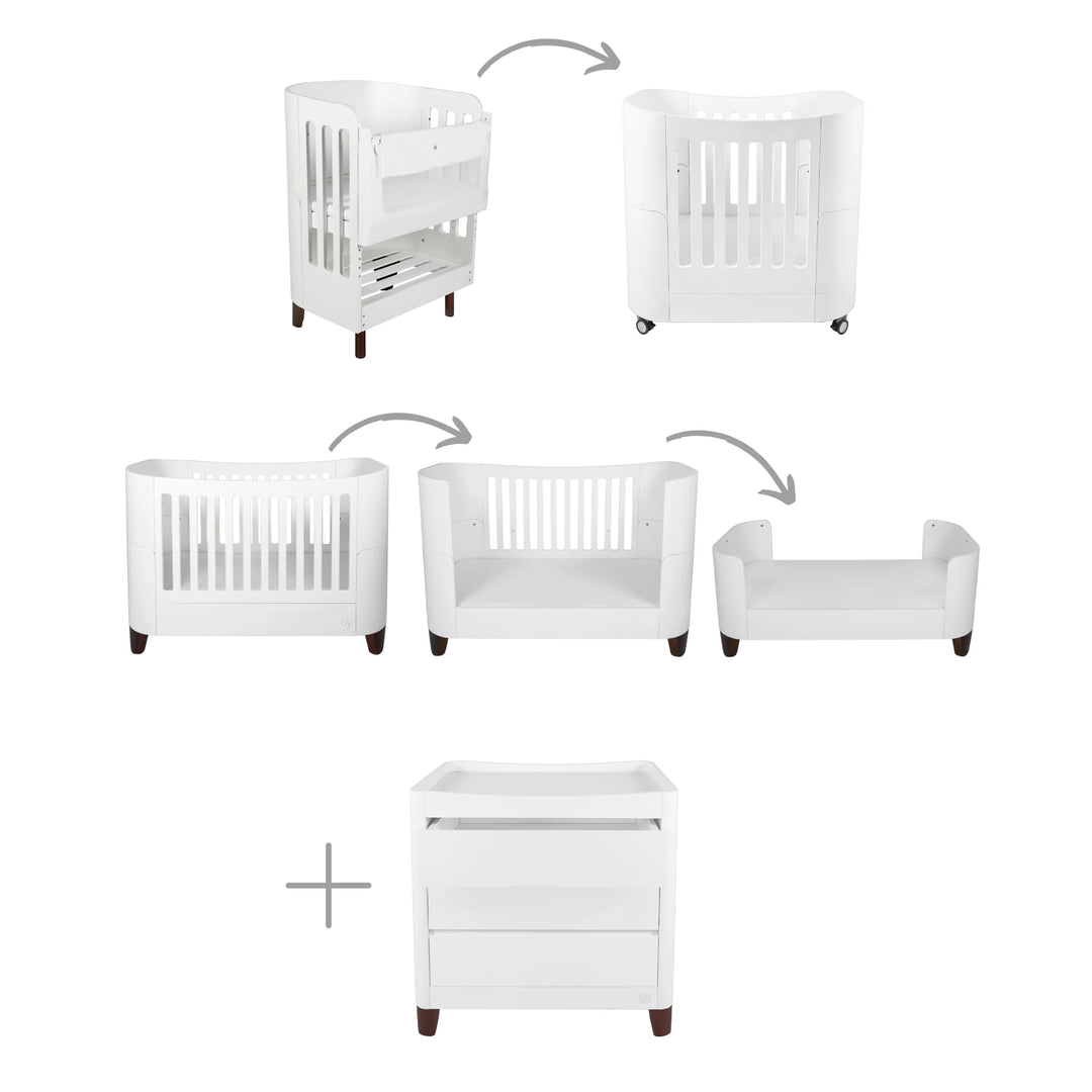 Gaia Baby Serena All-in-One white cot bed with walnut legs showing crib to toddler bed conversion stages with matching dresser