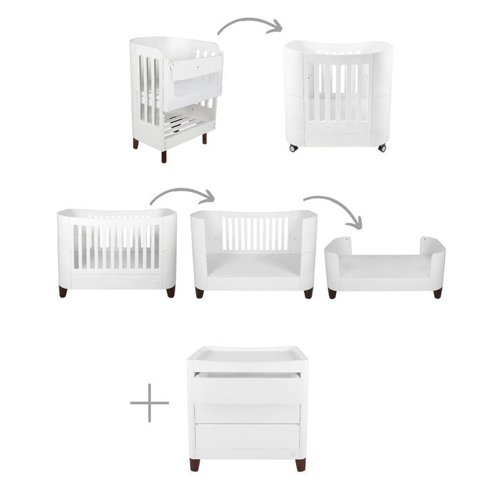 Gaia Baby Serena All-in-One white cot bed with walnut legs showing crib to toddler bed conversion stages with matching dresser