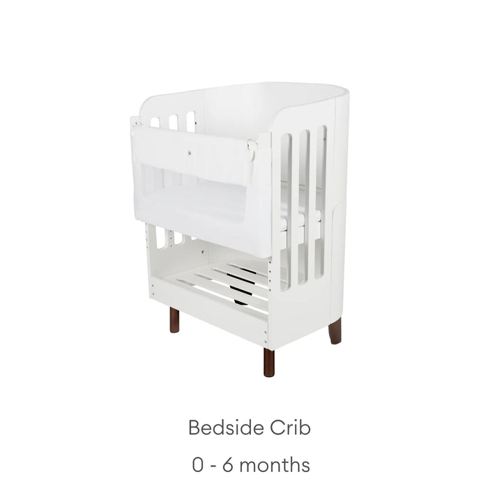 Gaia Baby Serena bedside crib add-on in white with walnut legs on a white background