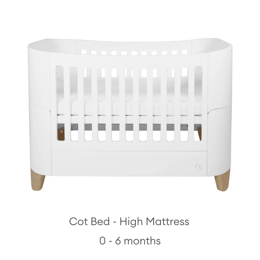 Serena Cot Bed on white background with text: Cot Bed - High Mattress, 0 - 6 months.