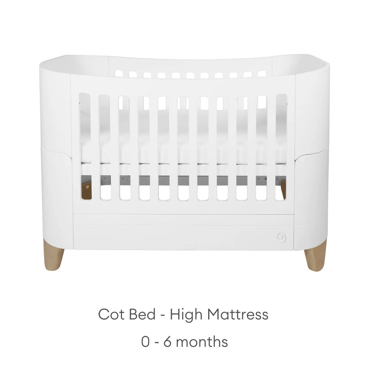 Serena Cot Bed on white background with text: Cot Bed - High Mattress, 0 - 6 months.