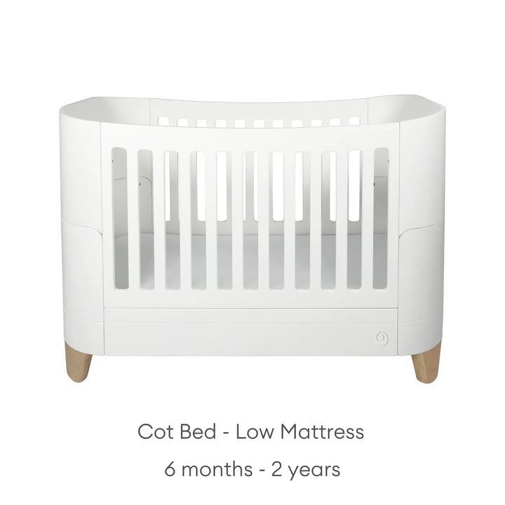 Serena Cot Bed on white background with text: Cot Bed - Low Mattress, 6 - 12  months.