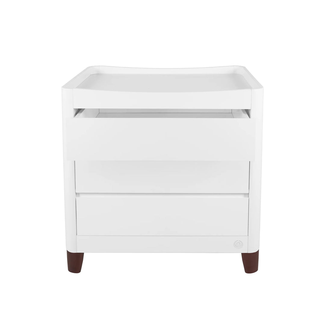 Gaia Baby Serena dresser in white with walnut legs on white background