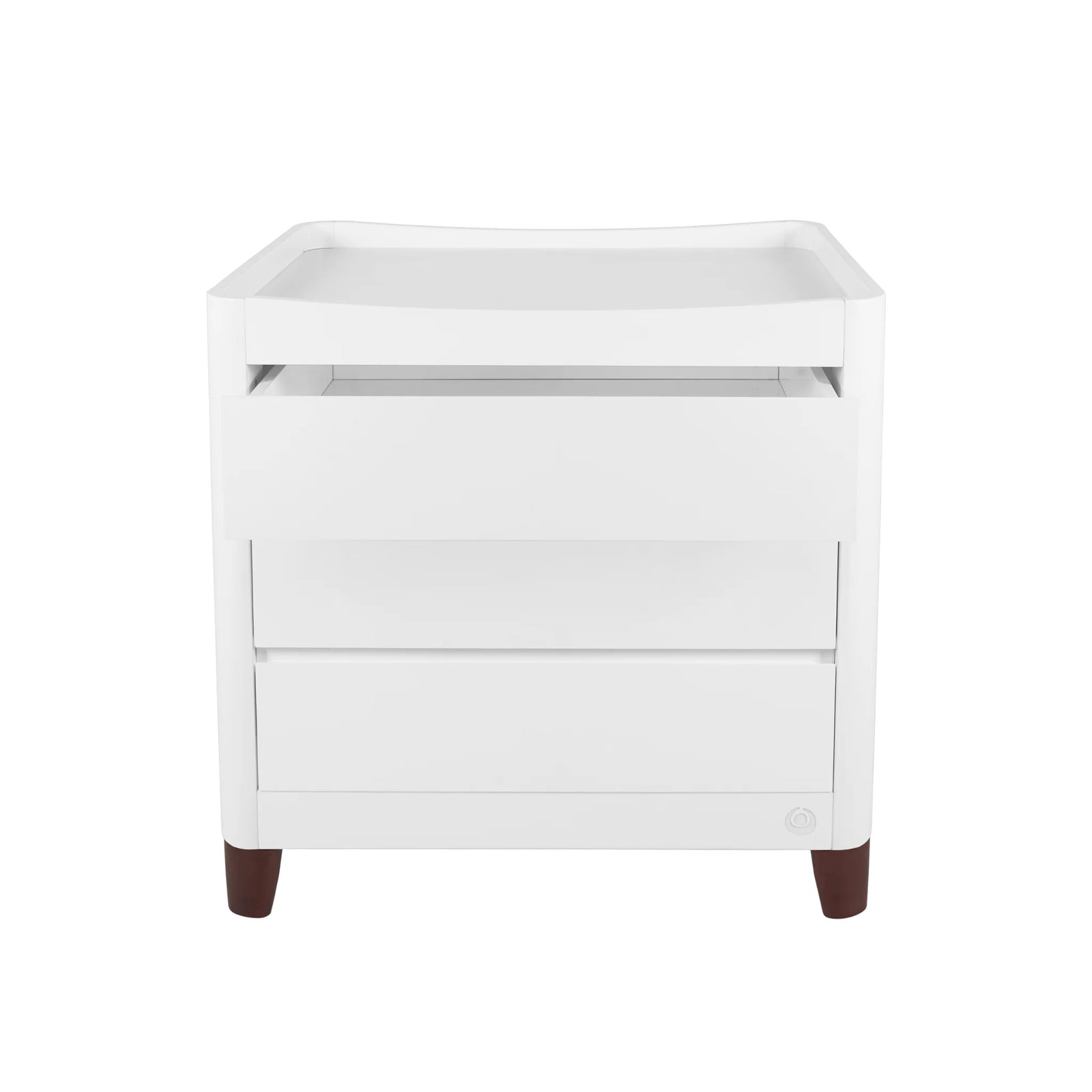 Gaia Baby Serena dresser in white with walnut legs on white background