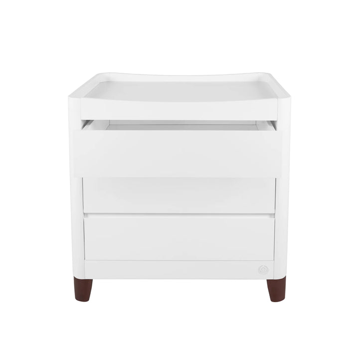 Gaia Baby Serena dresser in white with walnut legs on white background