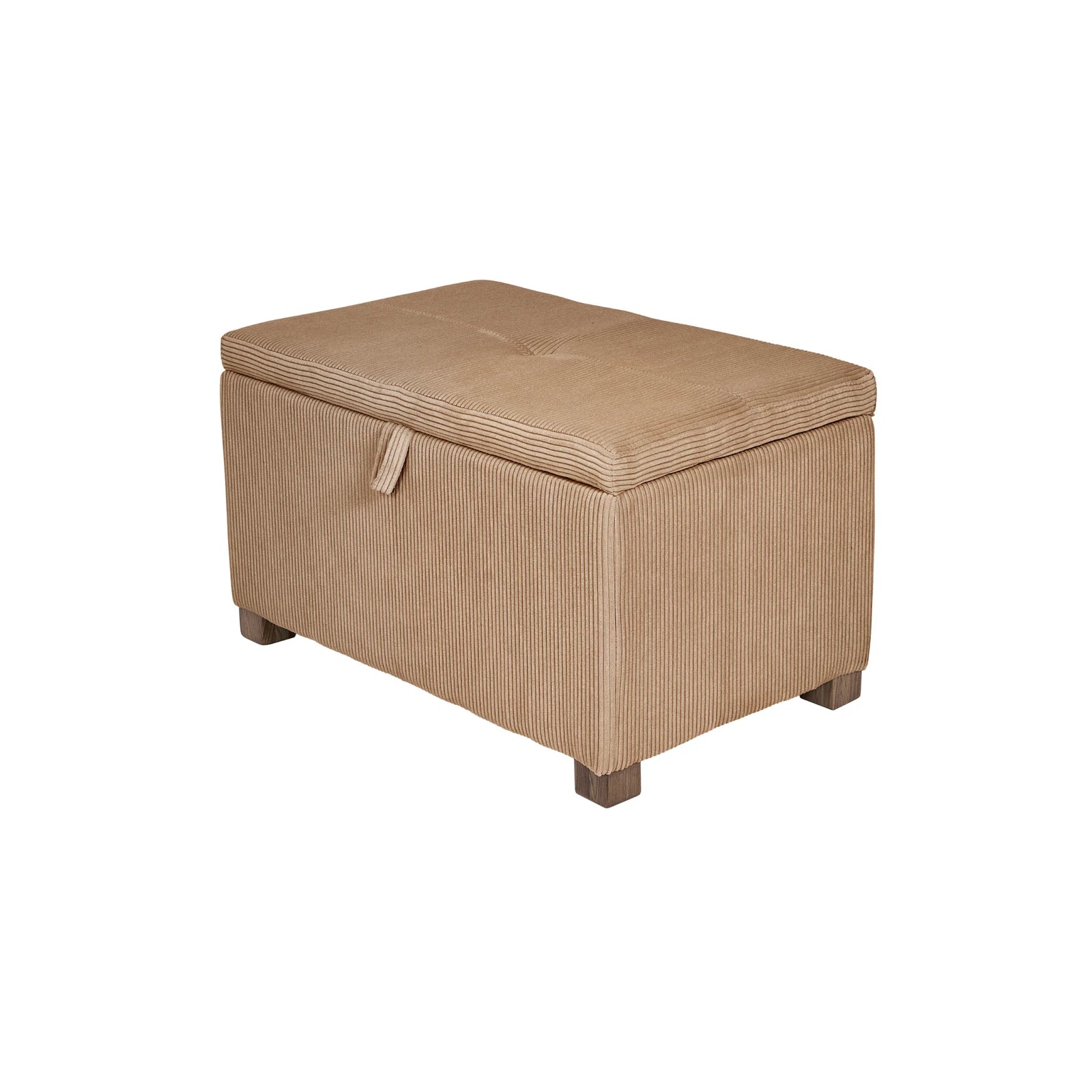 The Gaia Baby Serena Footstool in caramel corduroy fabric, featuring a soft cushioned top and hidden storage compartment, styled on a clean white background with wooden feet.