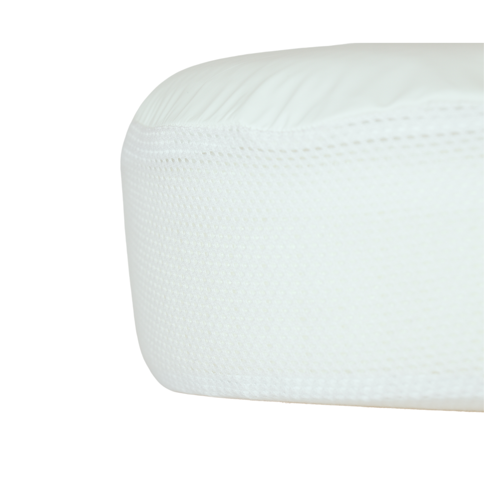 Close-up of Gaia Baby Serena Mini Cot mattress protector showing breathable 3D mesh sides and waterproof top for safe, hygienic baby sleep.
