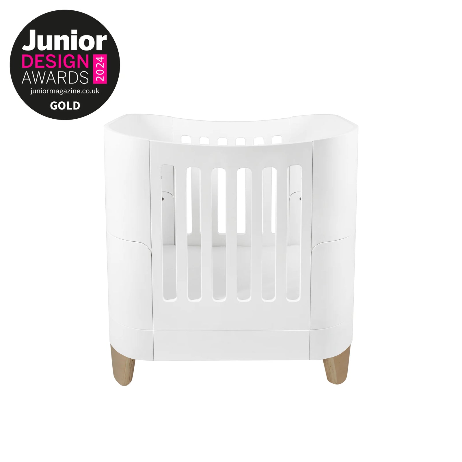 Gaia Baby Serena Convertible Real Wood Mini Cot with JDA Gold 2024 awards logo.