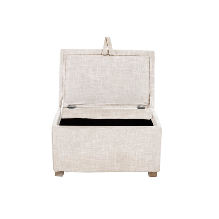 The Gaia Baby Serena Footstool in oat fabric shown from the front with the lid open on a white background, featuring a soft upholstered storage ottoman with a spacious interior compartment and light wooden feet.