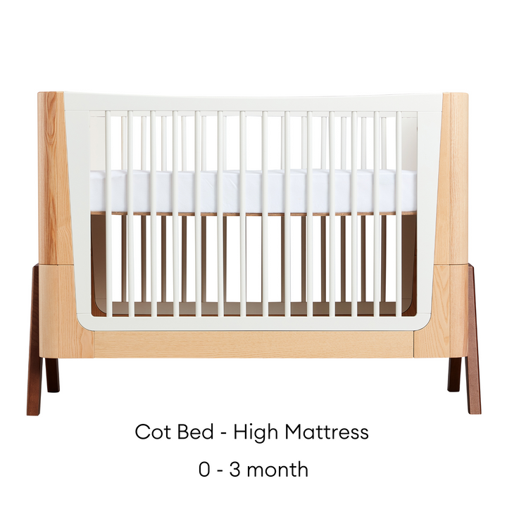 Gaia Baby Hera Cot Bed Natural Ash and Walnut cot bed high mattress suitable from newborn to three months