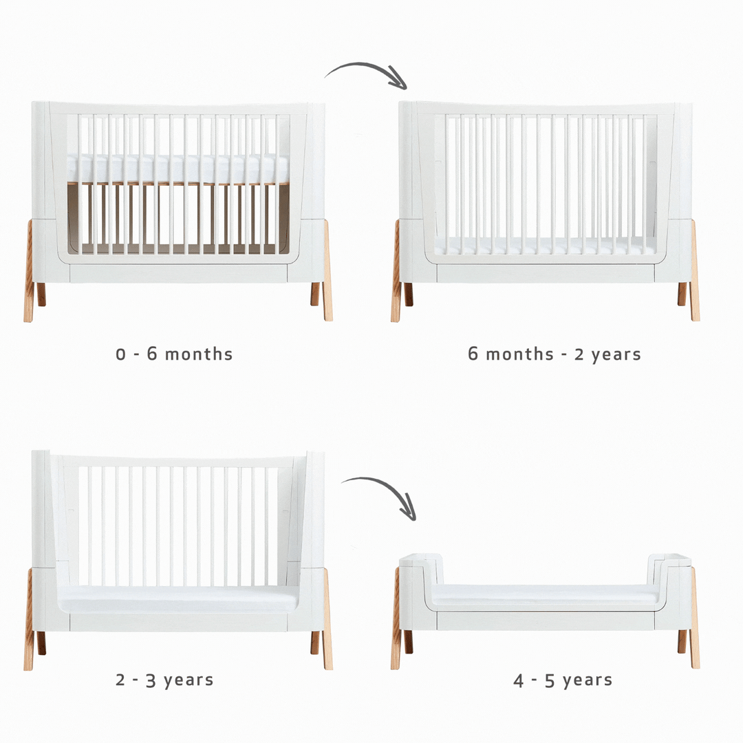 Gaia Baby Hera Cot Bed in Scandi White and Natural. Animation shows the Cot Bed transfer from newborn bed all the way to Toddler Bed and First Bed