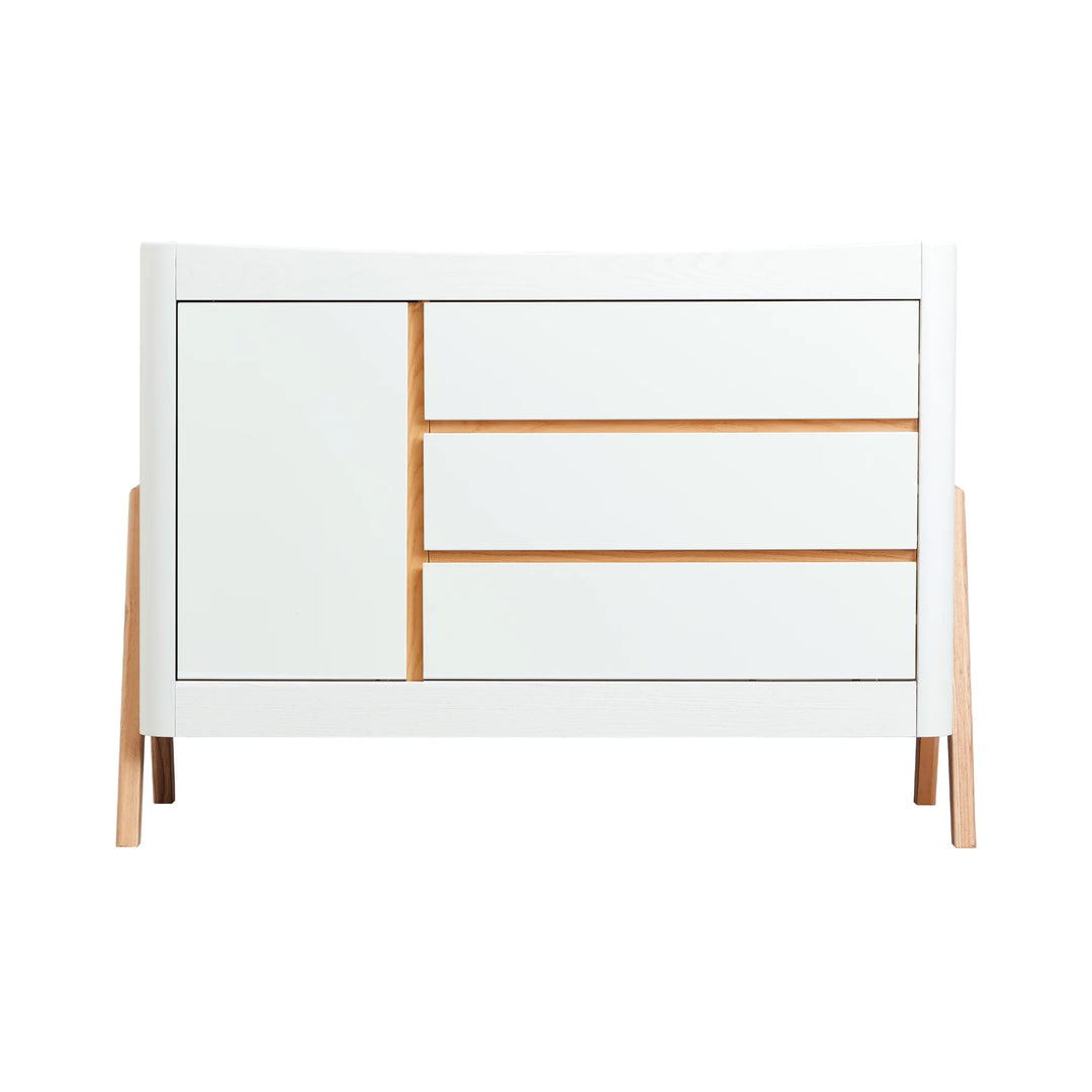 Gaia Baby Hera Dresser in Natural Scandi, featuring a modern white dresser with three soft-close drawers and a natural wood trim frame; premium Scandinavian-inspired eco-friendly nursery storage furniture for contemporary baby rooms.