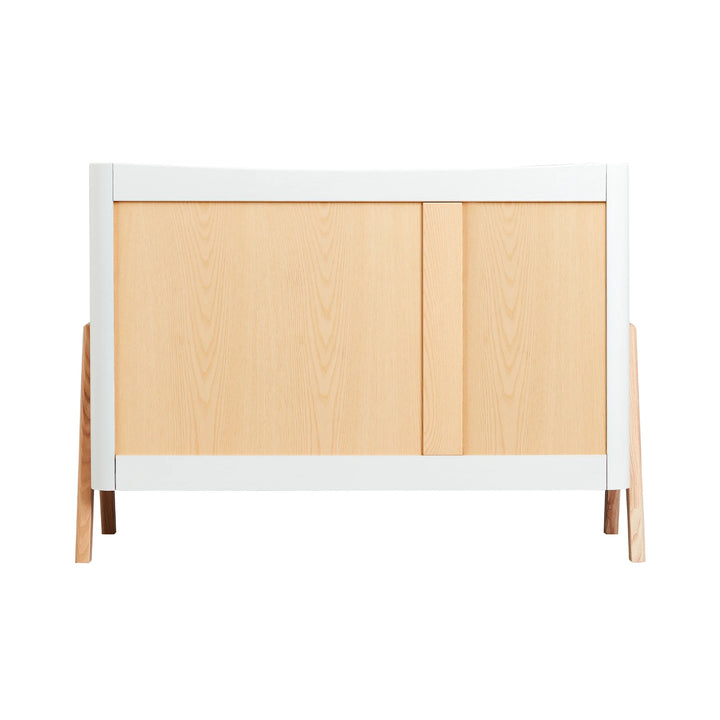 Back view of the Gaia Baby Hera dresser in natural Scandi white, showcasing solid wood paneling, minimalist Scandinavian design, and sustainable nursery furniture craftsmanship.
