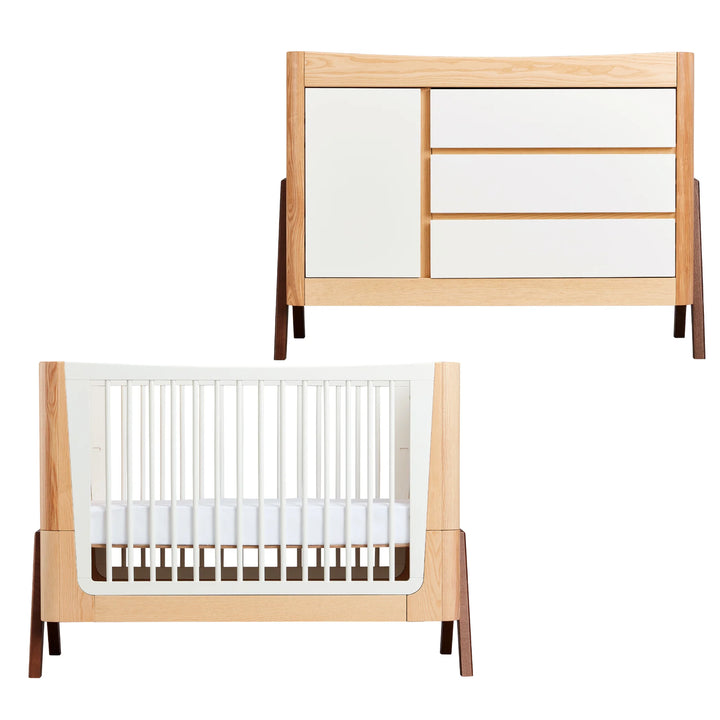 Gaia Baby Hera dresser and cot set in walnut and ash, featuring a Scandinavian-inspired white dresser with natural wood frame and matching Hera cot bed with walnut-ash accents; premium modern eco-friendly nursery furniture for stylish baby room design.