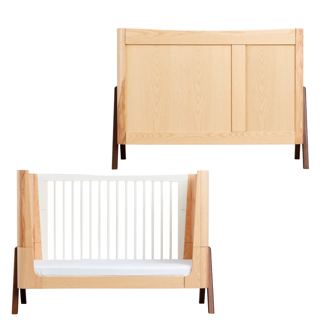 Gaia Baby Hera dresser and cot set in walnut and ash, showcasing the natural wood two-door Hera dresser and matching Hera cot bed with white slats and warm ash panels; premium Scandinavian-inspired eco-friendly nursery furniture for modern baby room design.