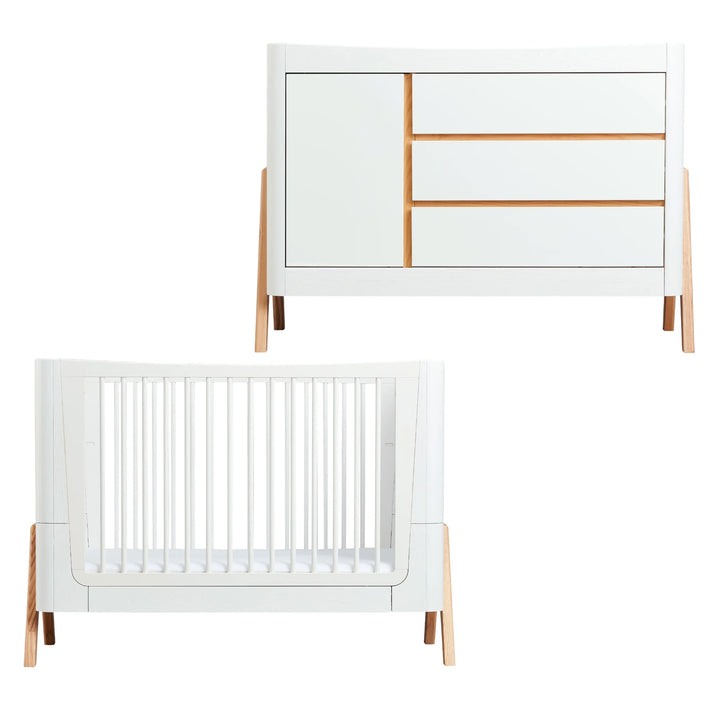 Gaia Baby Hera nursery furniture set featuring a modern Scandinavian-style white Hera dresser with natural wood accents and a matching Hera cot bed in white with natural wood legs; premium eco-friendly baby furniture designed for contemporary nursery interiors.