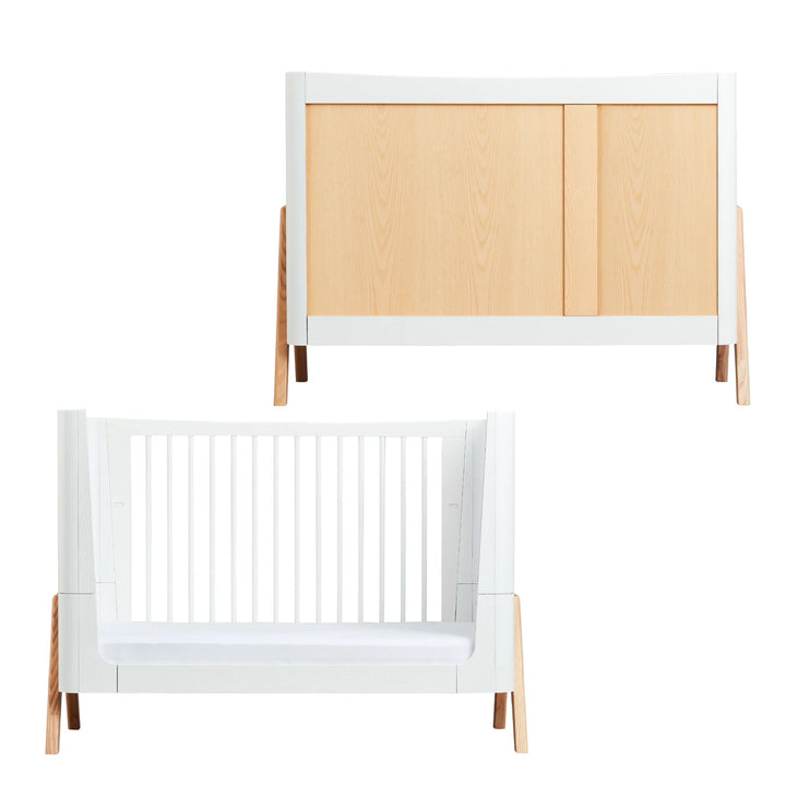 “Gaia Baby Hera nursery furniture set featuring the Hera dresser with natural wood doors and white frame, paired with the matching Hera cot bed in white with natural wood legs; modern Scandinavian-style eco-friendly baby furniture for contemporary nursery design