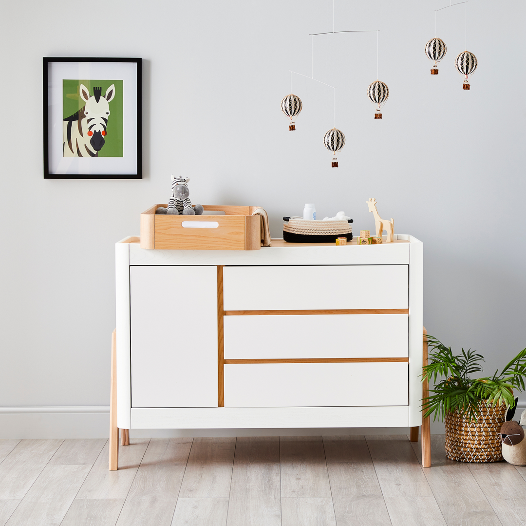 lifestyle image of Gaia Baby Hera Dresser and Hera Changing Station in Scandi white and Natural